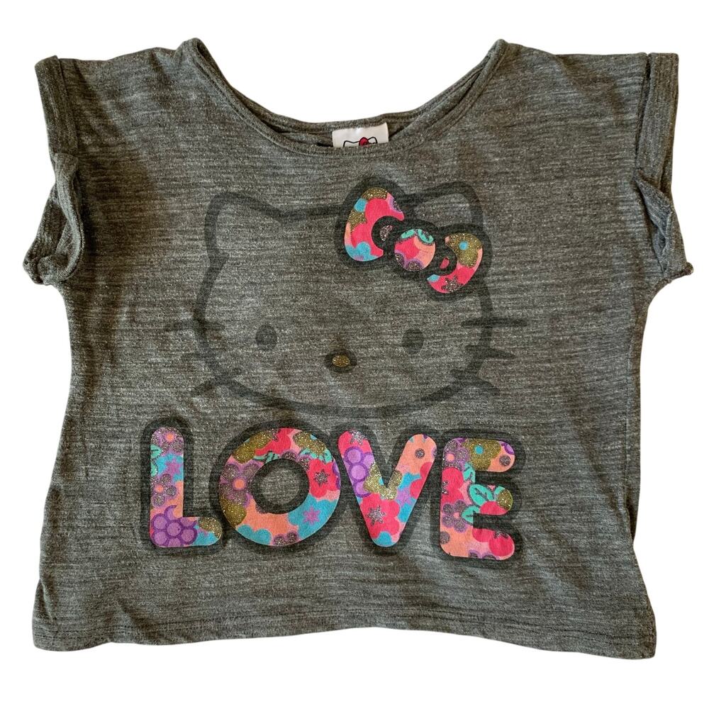 Hello Kitty Girls Sz 6 Gray Short Drop Sleeve Boxy Tee Shirt Rainbow Love Kitty